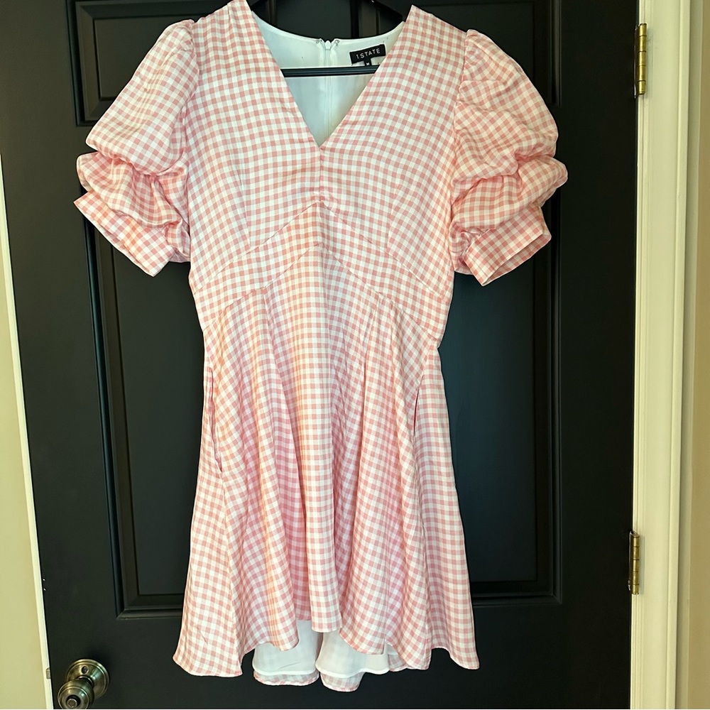 1.STATE Pink Gingham Puff Sleeve Satin Mini Dress - Medium